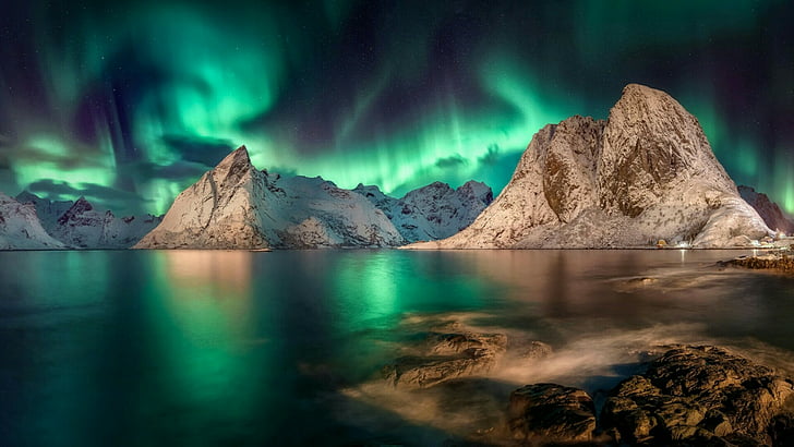 landscape, polar lights, aurora borealis, reinefjord, norway, HD wallpaper
