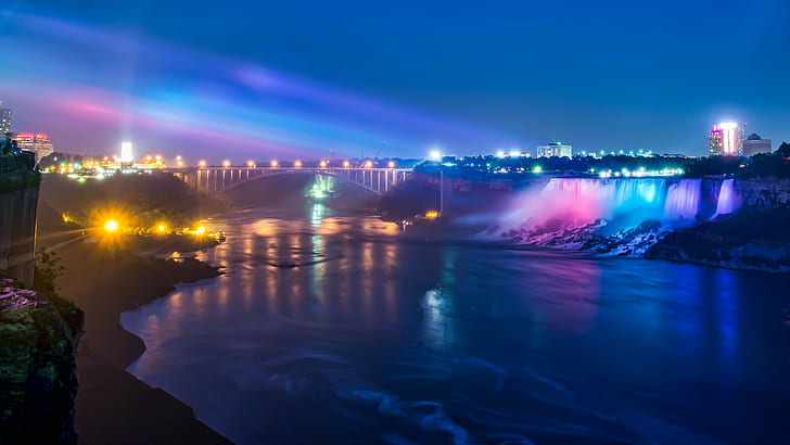 Niagara Falls, waterfall, river, lights, landscape, glowing