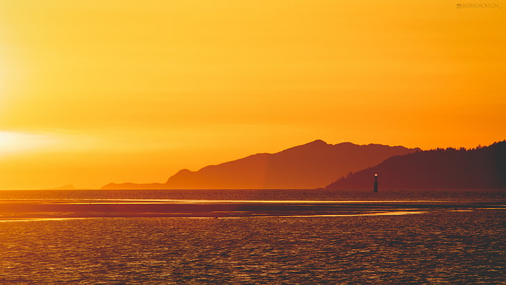 Yellow, Sunset, Lighthouse, 5K, Scenic, sky, water, orange color, HD wallpaper