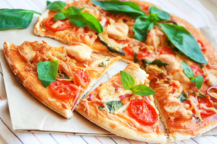 tomato and basil leaves pizza, meat, tomatoes, food, food and drink, HD wallpaper