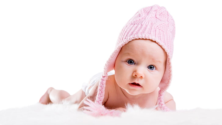infant's pink knit ear flap hat, childhood, mood, happy, baby, HD wallpaper