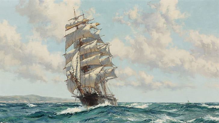 sea, wave, frigate, oil painting, sailing ship