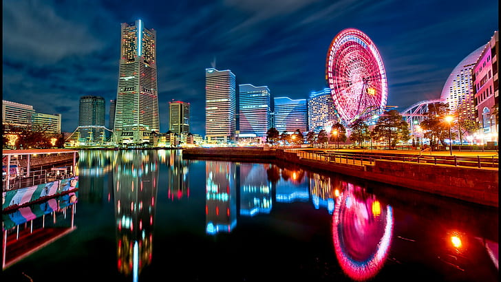 Tokyo, Japan, ferris wheel, reflection, skyscraper, city, city lights