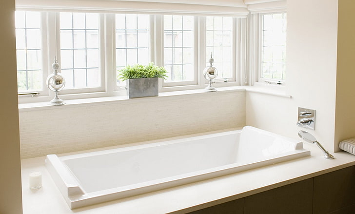 white bath tub, bathroom, window, style, interior, domestic Bathroom, HD wallpaper
