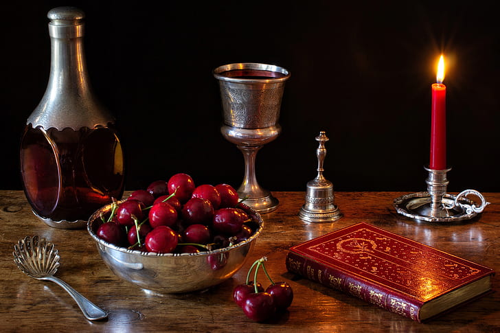 style, berries, wine, silver, glass, bottle, candle, book, still life
