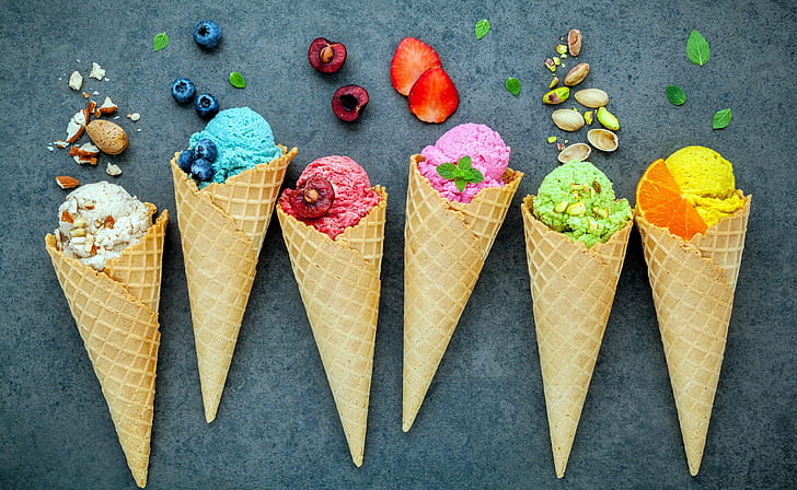 berries, ice cream, nuts, sweet, dessert, pistachios, waffle cone, HD wallpaper