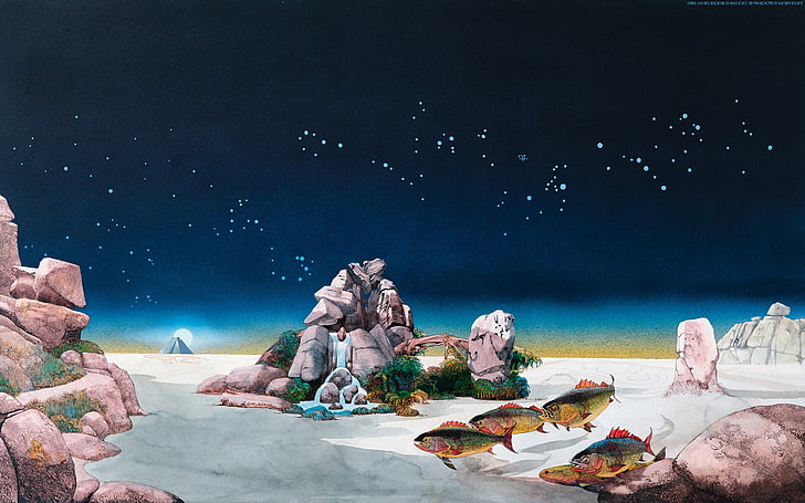 fantasy Art, fish, rock, Roger Dean, night, nature, sky, food and drink, HD wallpaper