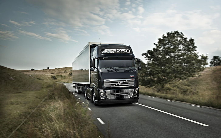 black Volvo freight truck, road, field, track, 750, the truck