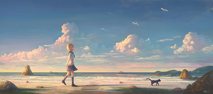 anime, anime girls, anime sky, landscape, cats, clouds, skyscape