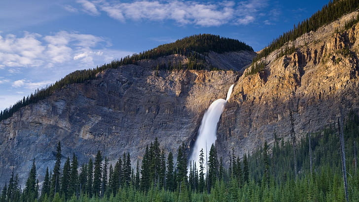 Great Takkakaw Falls In Yoho Np Canada, forest, cliffs, waterfalls