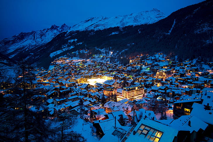 Alps, landscape, Zermatt, snow, Switzerland, mountains, lights, HD wallpaper