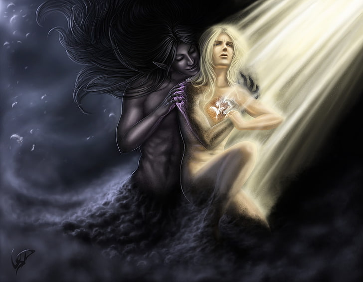 naked monster beside woman illustration, light, fiction, angel