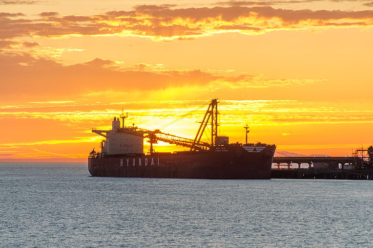 landscape, ship, oil tanker, cranes (machine), sea, sky, sunset
