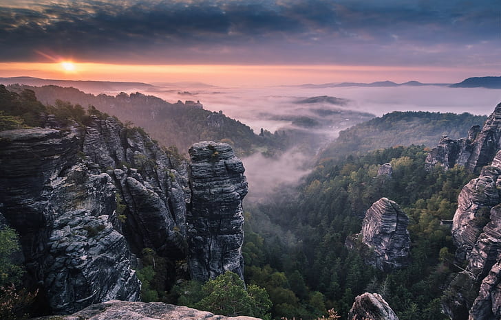 nature, landscape, Germany, mist, rock, forest, clouds, sky, HD wallpaper