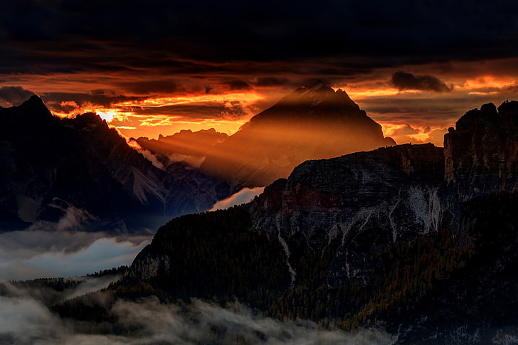 landscape, nature, mist, mountains, sun rays, Dolomites (mountains)