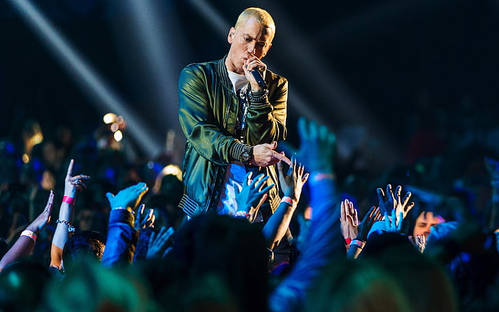 Eminem wearing black jacket, performance, audience, hands, music