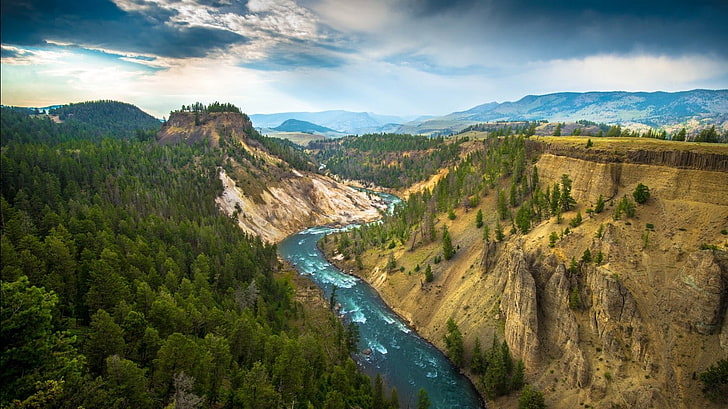 river surrounded by hills, nature, Yellowstone National Park, HD wallpaper