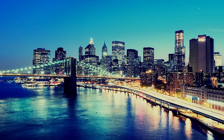 Night, city lights, skyscrapers, New York, USA, concrete bridge and buildings
