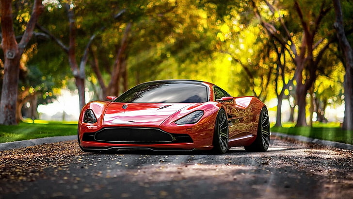 red coupe parked between trees, Aston Martin, car, mode of transportation, HD wallpaper