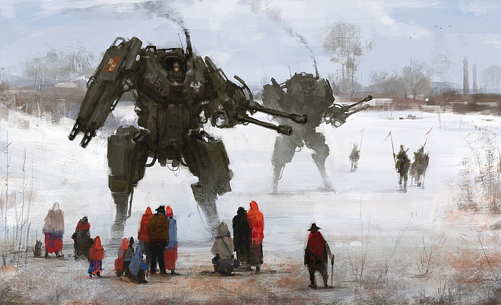 robot on snowfield painting, artwork, science fiction, Jakub Różalski, HD wallpaper