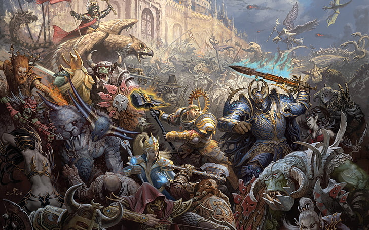 artwork, Battles, castles, Chaos, Dwarfs, elves, fantasy, mage, HD wallpaper