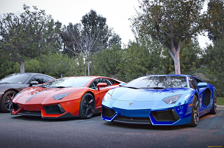blue and red cars, luxury cars, Lamborghini, Lamborghini Aventador