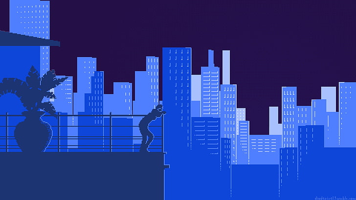 blue buildings illustration, digital art, pixels, pixel art, skyscraper