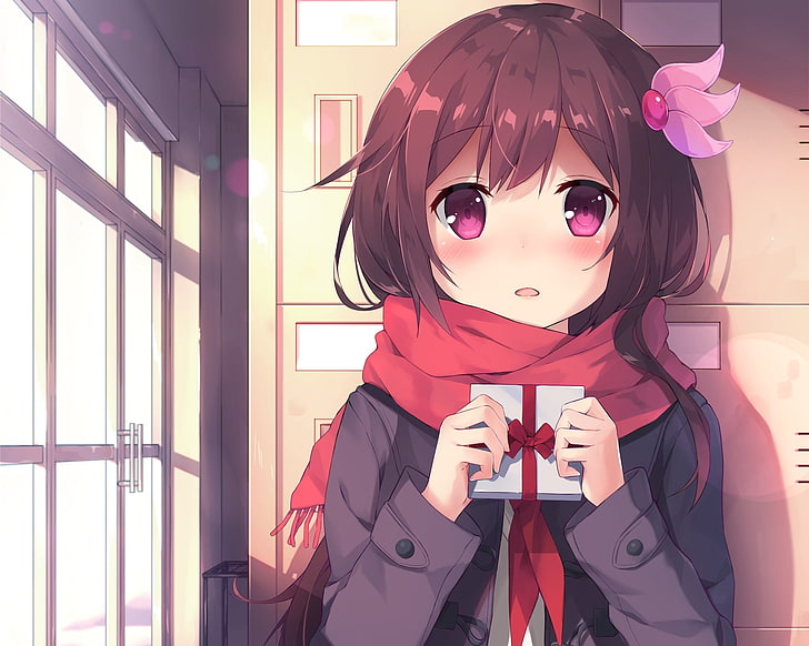 anime girl, valentine's day 2017, shy expression, red scarf