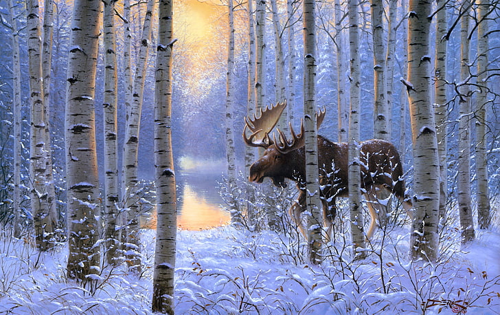 brown moose wallpaper, winter, forest, animals, snow, painting, HD wallpaper