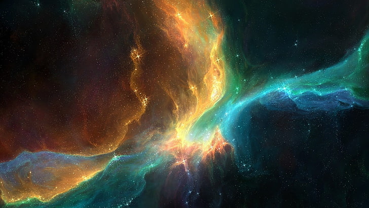 blue and brown flame, space, colorful, galaxy, stars, artwork