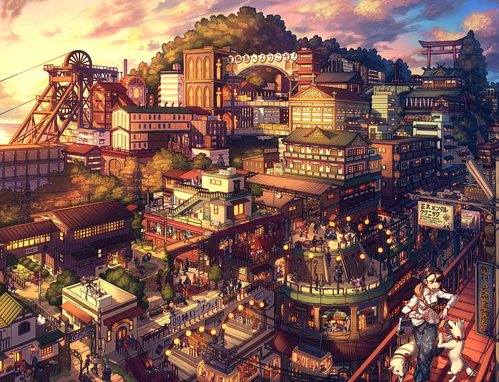 HD wallpaper: anime landscape, cityscape, people, japanese architecture ...