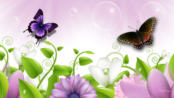 Lavender Flower Summer, purple-and-black and green-yellow-and-brown butterflies, HD wallpaper