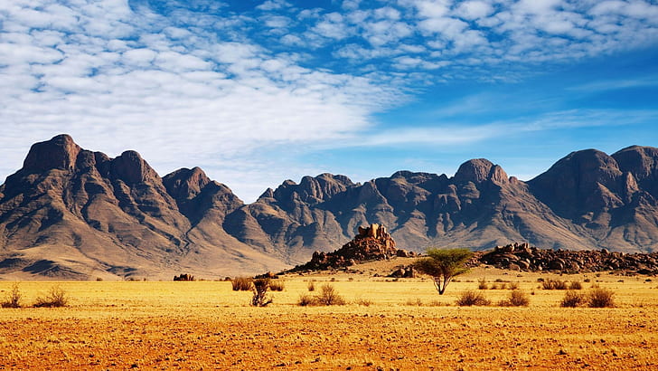 Nature, Landscape, Mountain, Clouds, Namibia, Africa, Desert, Rock, Trees, Stones, Plants