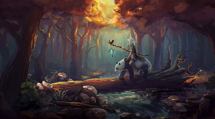person riding panda painting, fantasy art, white hair, forest, HD wallpaper