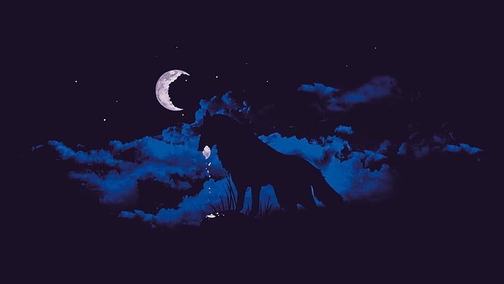 silhouette of wolf, moonlight, clouds, fantasy art, night, artwork
