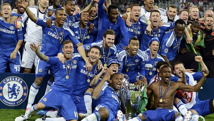 soccer team, Chelsea FC, Sport Club, men, arms up, open mouth