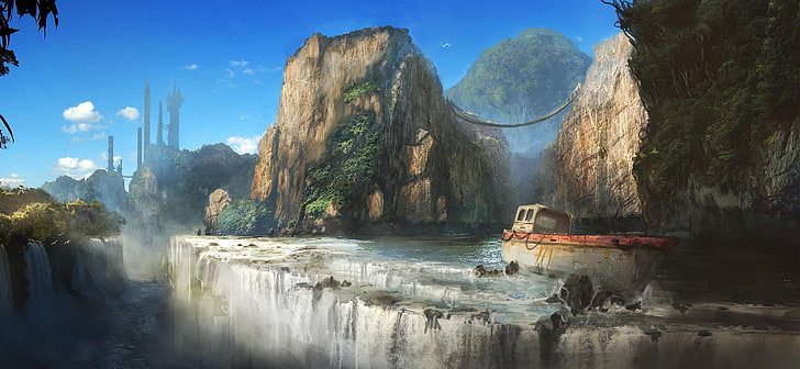 island and waterfalls painting, ship, rock, cliff, skyscraper