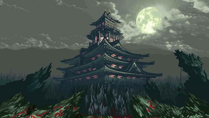 8, Asian Architecture, Bit, clouds, house, Moon, Pixel Art, HD wallpaper