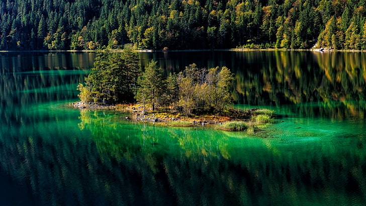 eibsee, forest, island, alps, bavarian alps, alpine lake, grainau, HD wallpaper