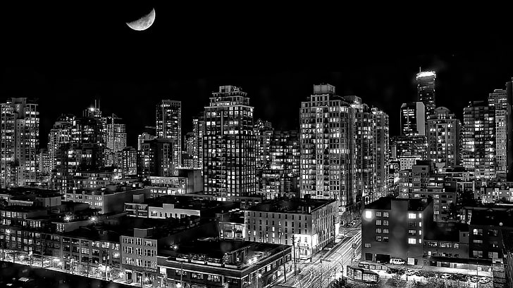 black and white building painting, Vancouver, British Columbia, HD wallpaper