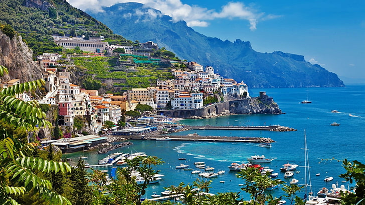village, mediterranean, amalfi coast, italy, naples, tree, mountain, HD wallpaper