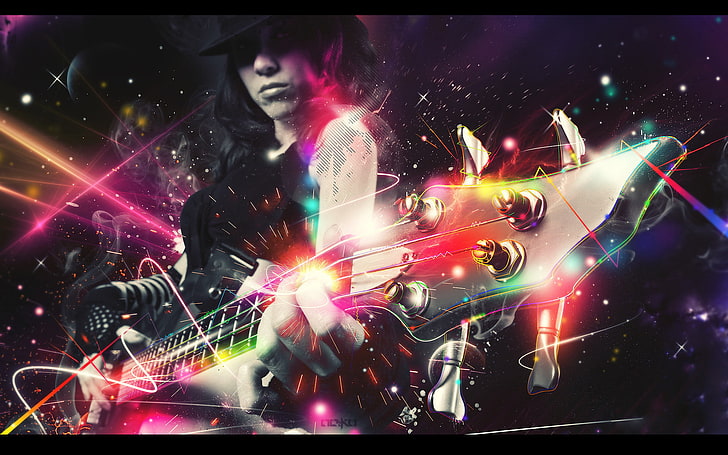 black electric bass guitar, girl, lights, neon, hat, sparks, electric guitar