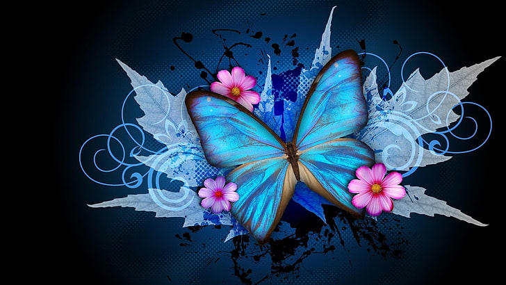 butterfly, digital art, fantasy art, blue, dream, flower, graphics, HD wallpaper