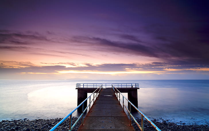 Purple Dock Ocean Beach Sunset Clouds HD, nature, HD wallpaper