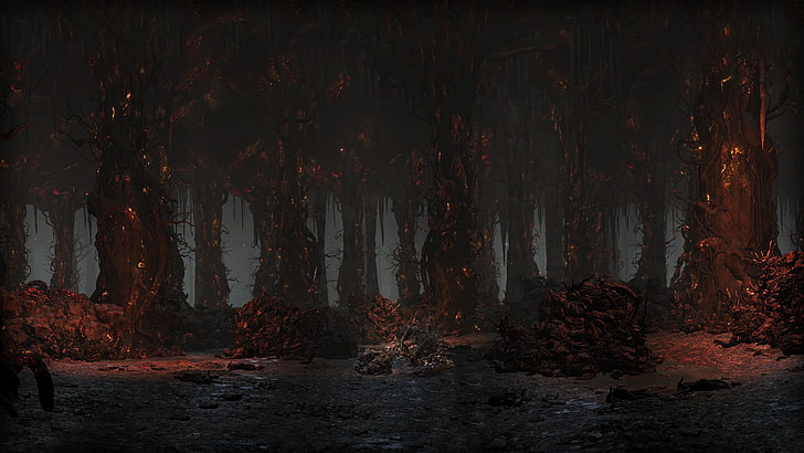 brown trees painting, Dark Souls III, video games, Smouldering Lake, HD wallpaper