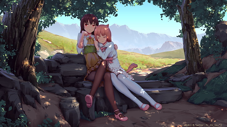 anime, anime girls, original characters, forest, mountains