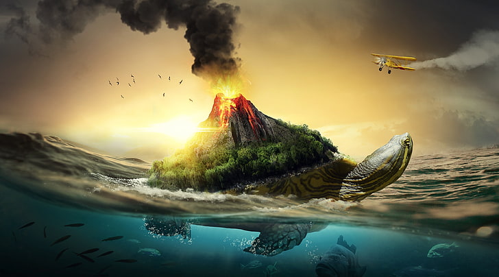 Surrealism, yellow biplane illustration, Aero, Creative, Ocean