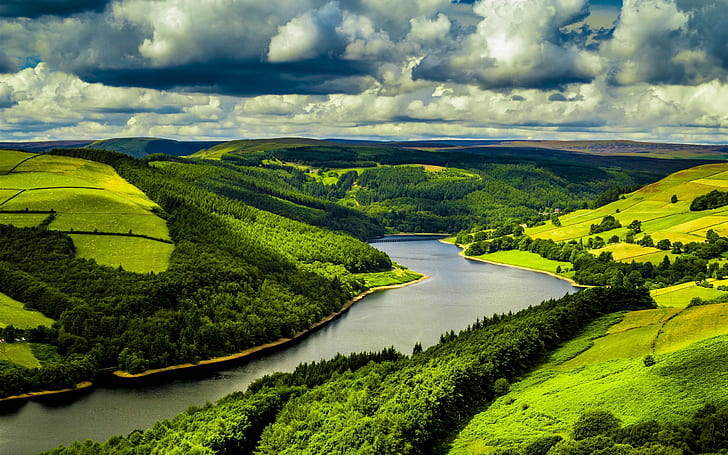 UK, river, fields, forest, clouds, nature scenery