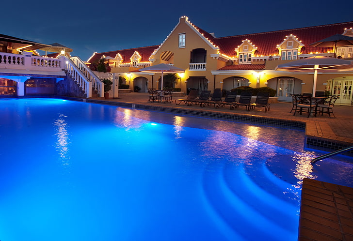 blue swimming pool, house, island, chairs, the hotel, resort, HD wallpaper