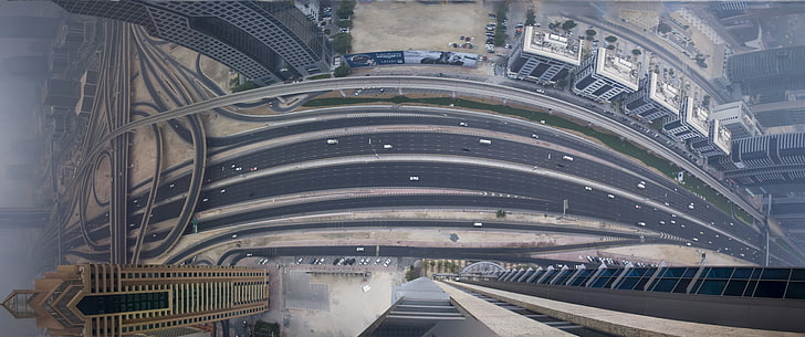 aerial view, panoramic sphere, city, urban, traffic, road, Dubai, HD wallpaper